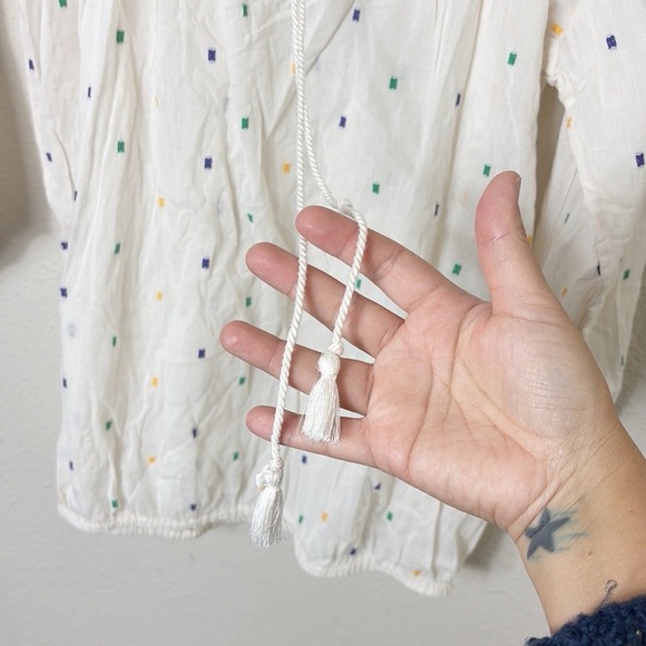 J. Crew Ivory Embroidered Peasant Boho Top Blouse with tassel ties size XXS - Picture 5 of 9